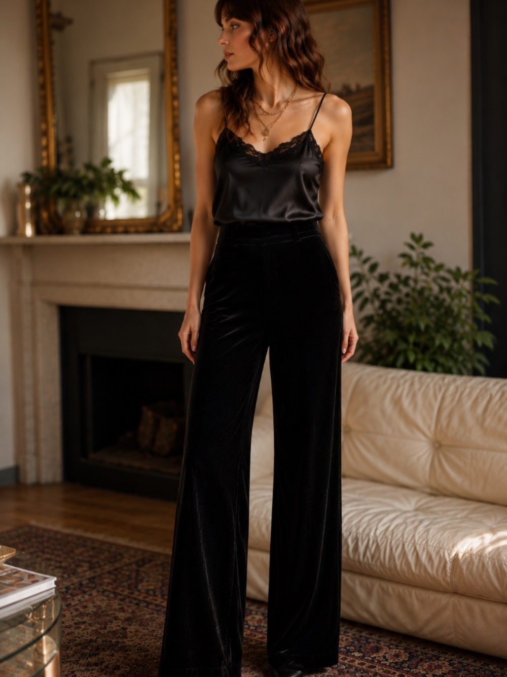 Kate Hill Black Velvet Wide Leg Pants High Rise Lined Side Zip 8